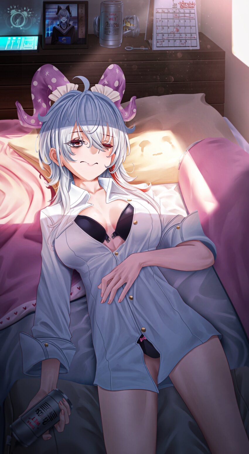 1girl absurdres alarm_clock beer_can black_bra black_panties bow bow_panties bra breasts calendar_(object) can clock closed_mouth collarbone collared_shirt commentary crushed_can curled_horns drink_can from_above hair_between_eyes hand_on_own_stomach highres holding holding_can horns indoors key looking_up lying manjo_(warito) medium_breasts medium_hair multicolored_hair no_pants on_back on_bed one_eye_closed open_clothes open_shirt panties partially_unbuttoned red_eyes shirt sleepy solo streaked_hair sunlight symbol-only_commentary underwear white_hair white_shirt wuthering_waves zani_(wuthering_waves)