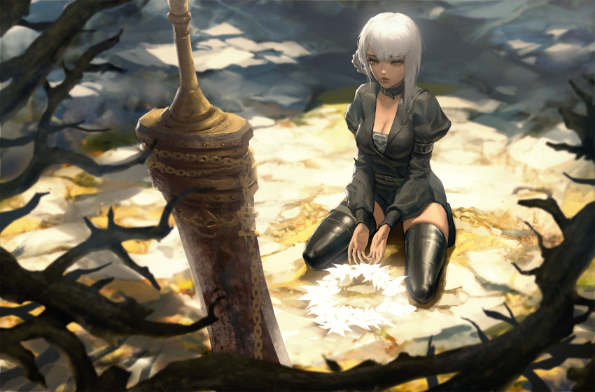 1girl black_thighhighs braid branch breasts brown_eyes cleavage collar full_body highres infi kaine_(nier) large_breasts nier nier_(series) puffy_sleeves sitting skindentation solo sword thighhighs weapon white_hair wreath