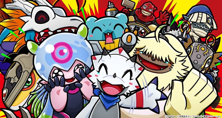 1girl 2023 6+boys ^_^ airdramon angoramon bakumon bandai clockmon closed_eyes copyright_name digimon digimon_ghost_game dinosaur dragon ending espimon fangs gammamon ginryumon hammer happy jellyfish jellyfish_girl jellymon monster_boy monster_girl multiple_boys mummymon official_art one_eye_closed rabbit red_eyes salute tentacle_hair tentacles wink