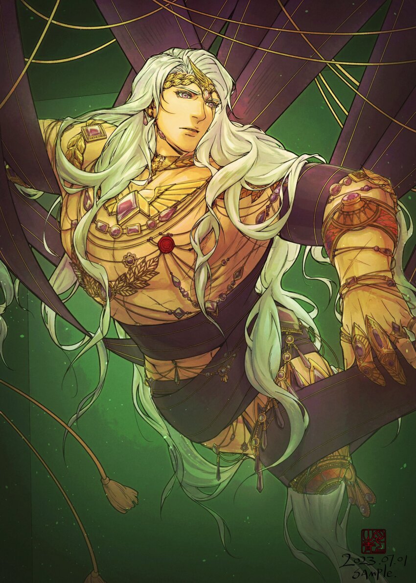 1boy amputee armor artist_logo breastplate clawed_gauntlets commentary commentary_request couter cropped_legs damaged dated earrings emperor&#039;s_children english_text fulgrim gauntlets gem goldriver green_background hanging highres imperial_aquila jewelry laurel_crown leg_armor legless_amputee logo long_hair male_focus pauldrons power_armor primarch purple_eyes purple_gemstone purple_ribbon rerebrace ribbon scar scar_across_eye scar_on_face shoulder_armor solo suspension tassel very_long_hair warhammer_40k watermark white_hair