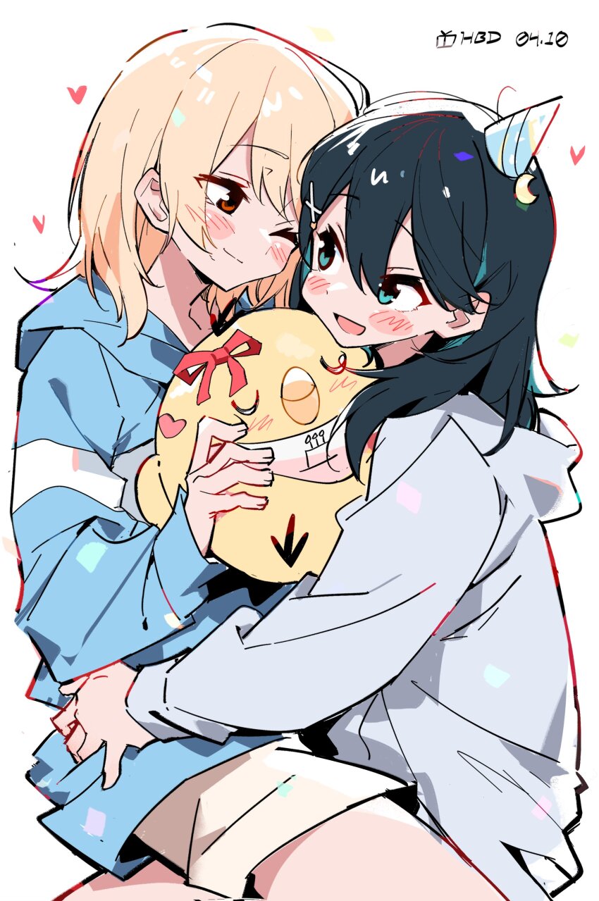 2girls absurdres black_hair blonde_hair blue_eyes blue_hair blush closed_mouth commentary couple dated happy_birthday heart highres honda_sora hood hood_down lonely_girl_ni_sakaraenai long_hair long_sleeves medium_hair multiple_girls one_eye_closed open_mouth party red_eyes sakurai_ayaka_(lonely_girl_ni_sakaraenai) shirt short_sleeves symbol-only_commentary white_hair white_shirt yuri zhanzhangzlw