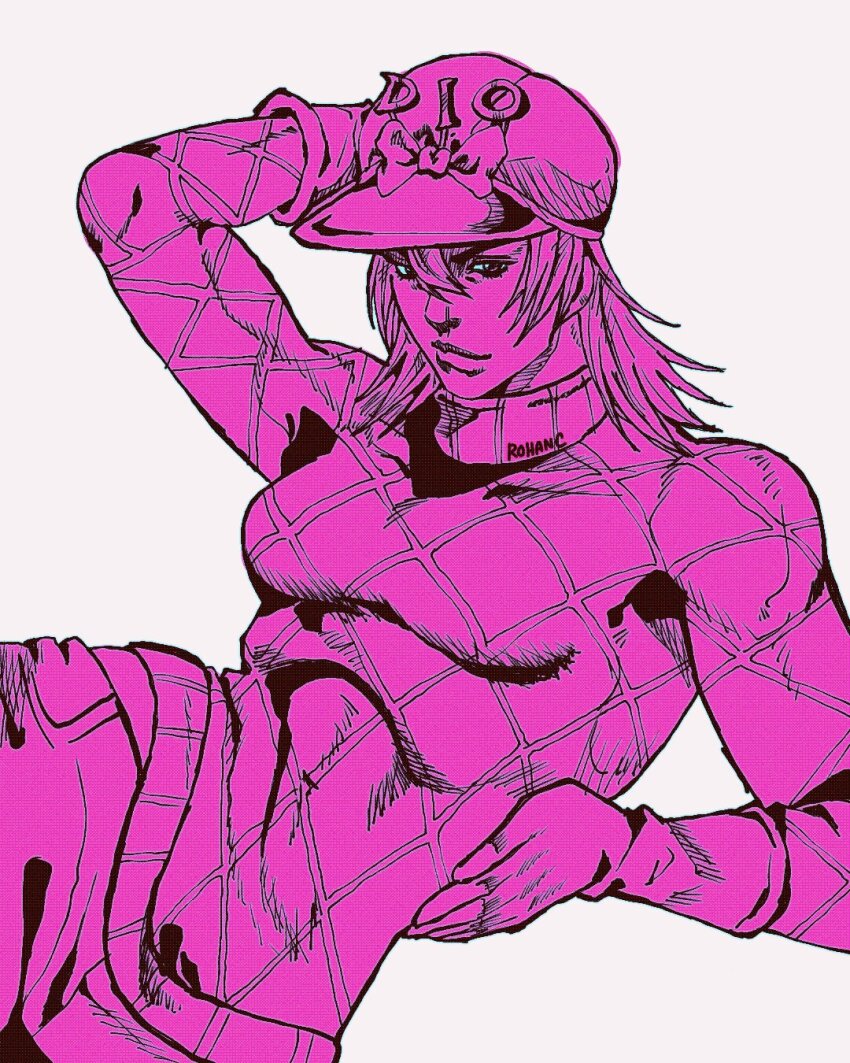 1girl argyle_clothes argyle_sweater bow diego_brando genderswap genderswap_(mtf) gloves hat hat_bow highres jojo_no_kimyou_na_bouken lips medium_hair monochrome mrrohansensei smile solo steel_ball_run sweater turtleneck