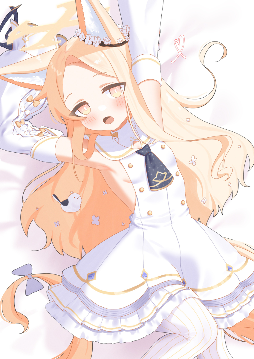 1girl :o absurdres animal_ear_fluff animal_ears arms_up bed_sheet blonde_hair blue_archive blush bow breasts bright_pupils buttons commentary cross_halo detached_sleeves double-breasted dress dutch_angle feet_out_of_frame forehead fox_ears fox_girl fox_tail frilled_dress frills hair_spread_out halo heart heart_of_string highres knee_up long_hair looking_at_viewer lying mang_722 no_bra on_back open_mouth orange_bow pantyhose parted_bangs sailor_collar school_uniform seia_(blue_archive) serafuku sideboob sidelocks sleeve_bow sleeveless sleeveless_dress sleeves_past_fingers sleeves_past_wrists small_breasts solo striped_clothes striped_pantyhose tail tail_bow tail_ornament vertical-striped_clothes vertical-striped_pantyhose very_long_hair white_bow white_dress white_pantyhose white_pupils white_sailor_collar wide_sleeves yellow_eyes yellow_halo