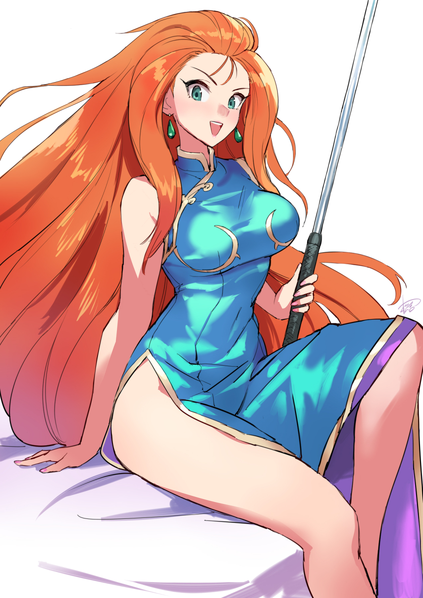 1girl blue_eyes blush breasts china_dress chinese_clothes cleavage commission dress earrings ghost_sweeper_mikami green_eyes highres jewelry large_breasts long_hair looking_at_viewer matsuda_(matsukichi) mikami_reiko orange_hair pixiv_commission red_hair smile solo very_long_hair