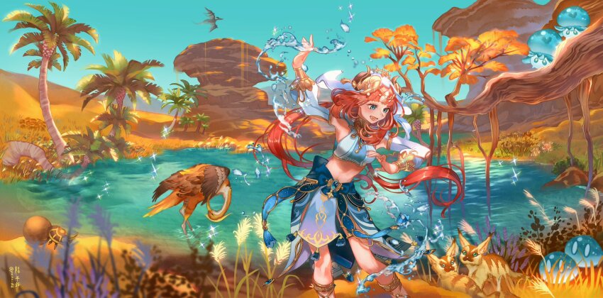 1girl :d aqua_eyes arm_up artist_name beetle bird blue_bow blue_gemstone blue_shirt blue_skirt blue_sky blurry blurry_foreground blush bow branch bug circlet clear_sky commentary_request consecrated_red_vulture_(genshin_impact) crop_top curled_horns dancing day desert desert_fox_(genshin_impact) detached_sleeves eyelashes fake_horns floating_hair fox fungi_(genshin_impact) gem genshin_impact grass harem_outfit highres horns hydro_slime_(genshin_impact) insect jewelry kippeijii long_hair long_sleeves low_twintails lower_teeth_only midriff mountain neck_ring nilou_(genshin_impact) oasis open_mouth outdoors palm_tree parted_bangs plant puffy_detached_sleeves puffy_sleeves red_hair rock sand scarab scenery shirt sidelocks skirt sky sleeveless sleeveless_shirt slime_(creature) slime_(genshin_impact) smile solo sparkle standing tassel teeth tree twintails twitter_username veil very_long_hair vines water water_drop white_shirt white_sleeves white_veil