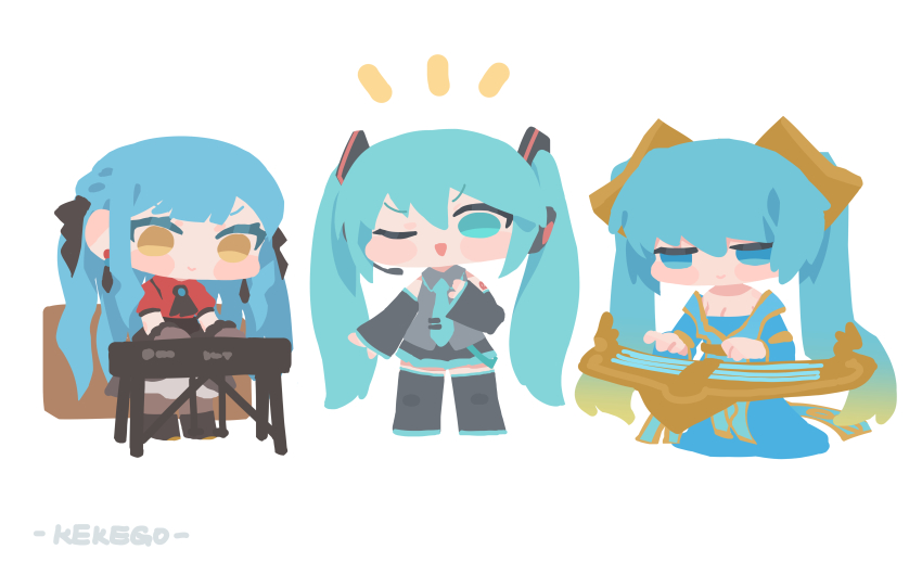 3girls :&gt; ;d absurdres aqua_hair aqua_necktie artist_name ascot bang_dream! bang_dream!_it&#039;s_mygo!!!!! black_ascot black_boots black_ribbon black_skirt black_sleeves blue_dress blue_eyes blue_hair blush_stickers boots brooch c: chibi chibi_only closed_mouth collared_shirt color_connection crossover detached_sleeves dress earrings etwahl full_body gloves gradient_hair green_hair grey_gloves grey_shirt hair_color_connection hair_ribbon hairstyle_connection hatsune_miku headphones headset highres instrument jewelry jitome kekego keyboard_(instrument) league_of_legends long_dress long_hair long_sleeves look-alike looking_at_viewer miniskirt multicolored_hair multiple_girls music necktie no_pupils notice_lines oblivionis_(bang_dream!) off-shoulder_dress off_shoulder one_eye_closed open_mouth playing_instrument pleated_skirt puffy_cheeks red_shirt ribbon shirt side-by-side simple_background skirt sleeveless sleeveless_shirt smile sona_(league_of_legends) standing thigh_boots thighhighs tie_clip togawa_sakiko trait_connection twintails two-tone_hair two_side_up v-shaped_eyebrows very_long_hair white_background wing_collar yellow_eyes zettai_ryouiki
