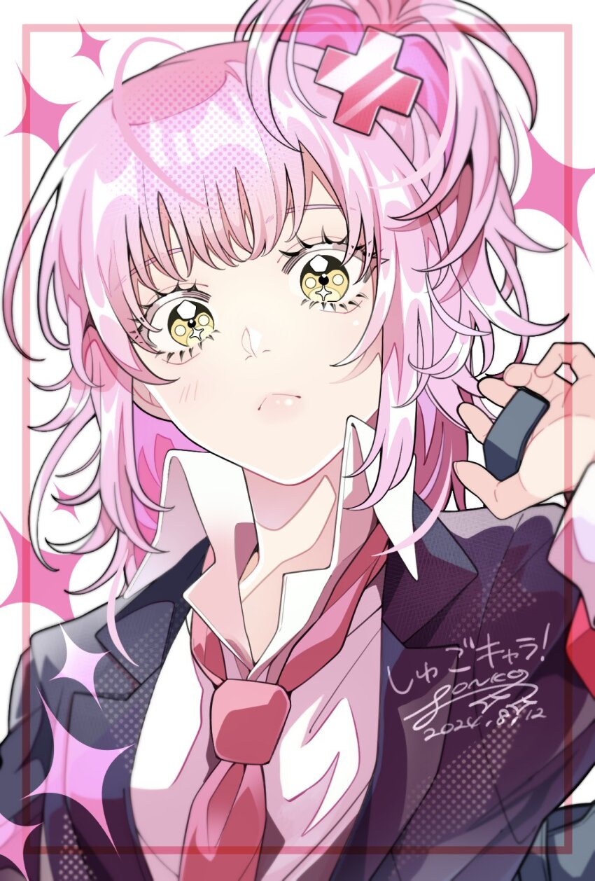 1girl bag black_jacket blunt_bangs close-up closed_mouth collared_shirt eyelashes hair_ornament high_side_ponytail highres hinamori_amu holding holding_bag jacket looking_at_viewer medium_hair necktie pink_hair pink_necktie ponko517 shirt shugo_chara! signature solo sparkle upper_body white_shirt x_hair_ornament yellow_eyes