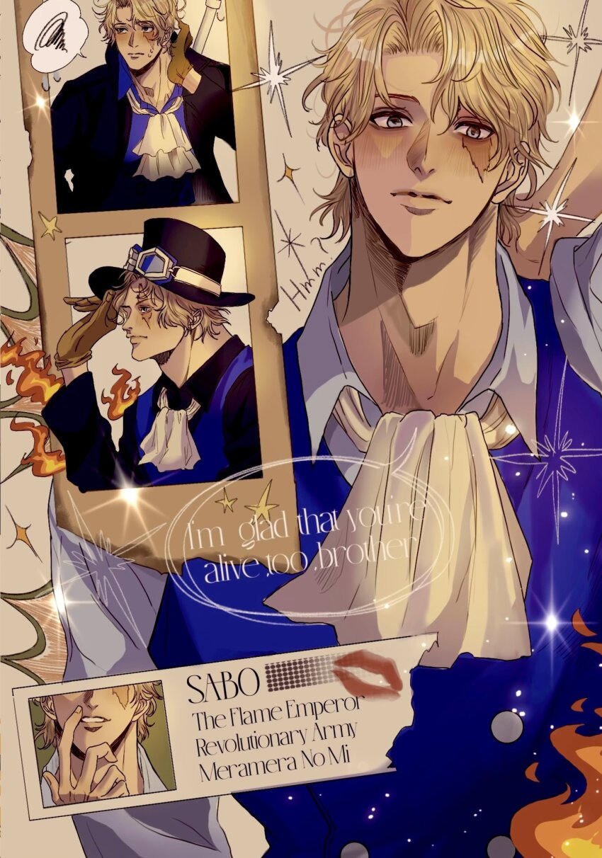 1boy ascot black_coat blonde_hair blue_shirt brown_gloves coat fire gloves goggles goggles_on_head hashtag-only_commentary hat highres looking_at_viewer male_focus multiple_views one_piece rihirihi613 sabo_(one_piece) scar scar_on_face shirt short_hair sparkle spoken_squiggle squiggle white_ascot