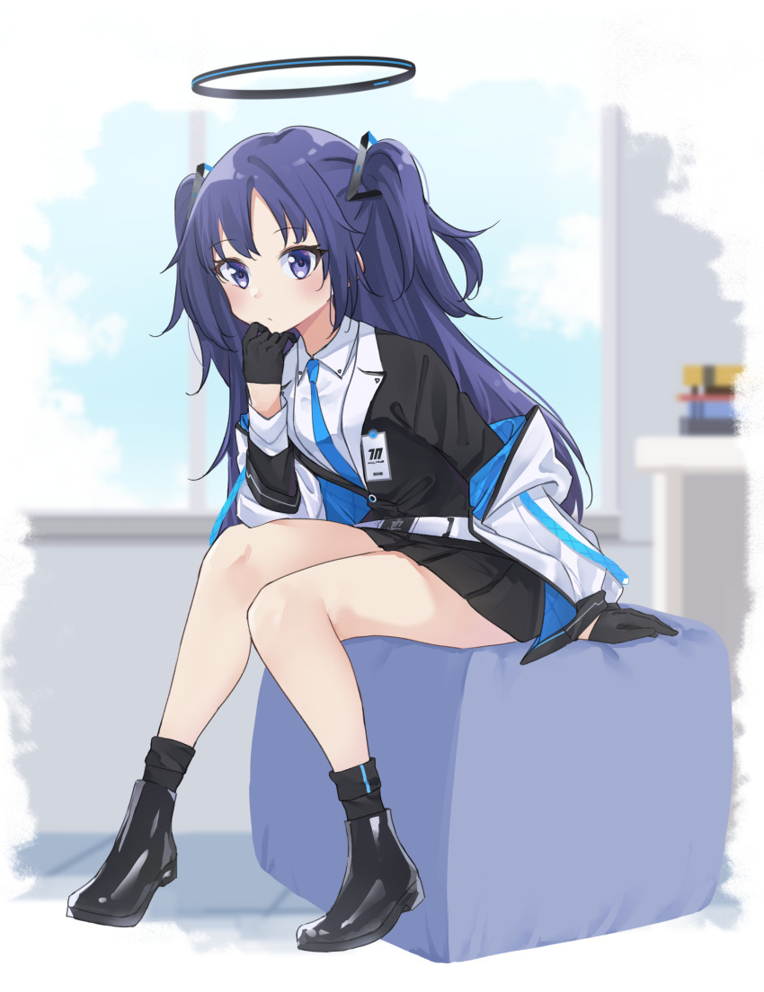 1girl 53c_(ray_cordova) belt belt_buckle black_gloves black_jacket black_shoes black_skirt black_socks blue_archive blue_necktie blush breasts buckle closed_mouth collared_shirt commentary_request desk gloves half_gloves halo highres indoors jacket leaning_forward long_hair long_sleeves looking_at_viewer medium_breasts necktie off_shoulder open_clothes open_jacket parted_bangs pleated_skirt puffy_long_sleeves puffy_sleeves purple_eyes purple_hair shirt shoes sitting skirt socks solo two_side_up very_long_hair white_belt white_jacket white_shirt window yuuka_(blue_archive)