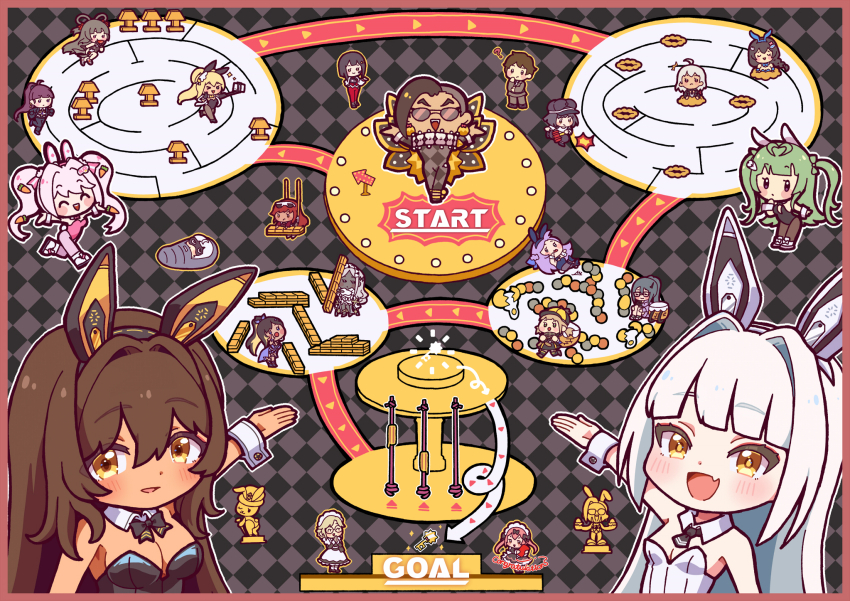 2boys 6+girls :d ^_^ ade_(nikke) ahoge alice_(nikke) alice_(wonderland_bunny)_(nikke) animal_ears aria_(nikke) ascot black_ascot black_bow black_bowtie black_leotard blanc_(nikke) blonde_hair blush_stickers bow bowtie breasts brown_hair brown_pantyhose carrot carrot_hair_ornament chibi cleavage closed_eyes cocoa_(nikke) colored_inner_hair colored_skin commander_(nikke) dark-skinned_female dark_skin detached_collar dolla_(nikke) exia_(gamer)_(nikke) exia_(nikke) fake_animal_ears fake_tail folkwang_(moist_rabbit)_(nikke) folkwang_(nikke) food-themed_hair_ornament frima_(nikke) glasses goddess_of_victory:_nikke green_hair grey_skin hair_intakes hair_ornament highres holding kowakawa_kaeru large_breasts leotard long_hair maid mary_(medical_rabbit)_(nikke) mary_(nikke) medium_breasts milk_(nikke) multicolored_hair multiple_boys multiple_girls mustang_(nikke) noir_(nikke) noise_(nikke) novel_(nikke) open_mouth pantyhose pink_hair pink_leotard pink_pantyhose ponytail purple_hair rabbit_ears rabbit_tail red_hair rupee_(nikke) rupee_(rabbit_deluxe)_(nikke) selfie_stick smile soda_(nikke) soda_(twinkling_bunny)_(nikke) strapless strapless_leotard sugar_(nikke) tail twintails very_long_hair volume_(nikke) white_hair white_leotard wrist_cuffs yan_(nikke) yellow_eyes