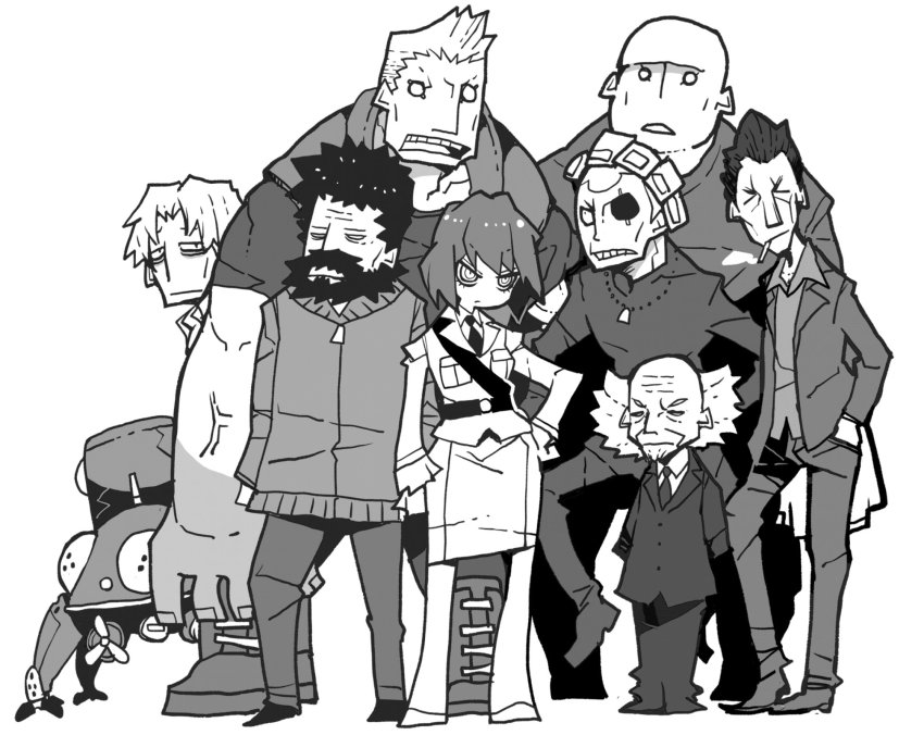 1girl 6+boys aramaki_daisuke batou_(gits) beard boma_(gits) dowman_sayman facial_hair ghost_in_the_shell height_difference highres ishikawa_(gits) kusanagi_motoko monochrome multiple_boys old old_man paz_(gits) saito tachikoma togusa_(gits)