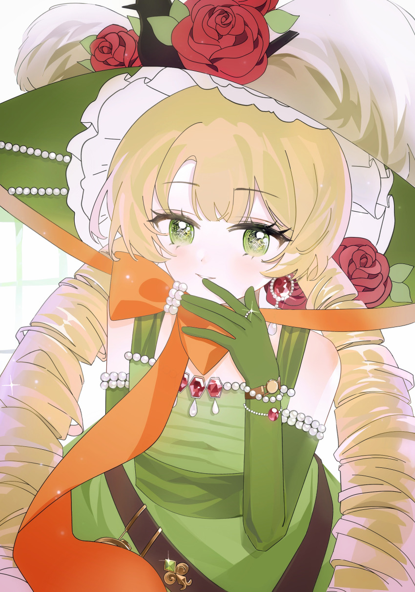 1girl absurdres bare_shoulders blonde_hair bow chao_zhuanye_de_tiyu_laoshi chin_strap closed_mouth dress drill_hair earrings elbow_gloves finger_to_mouth flower gloves green_dress green_eyes green_gloves green_hat hand_up hat hat_feather hat_flower highres jewelry long_hair looking_at_viewer low_twintails orange_bow red_flower red_rose reverse:1999 rose sleeveless sleeveless_dress smile solo sotheby twin_drills twintails upper_body white_background