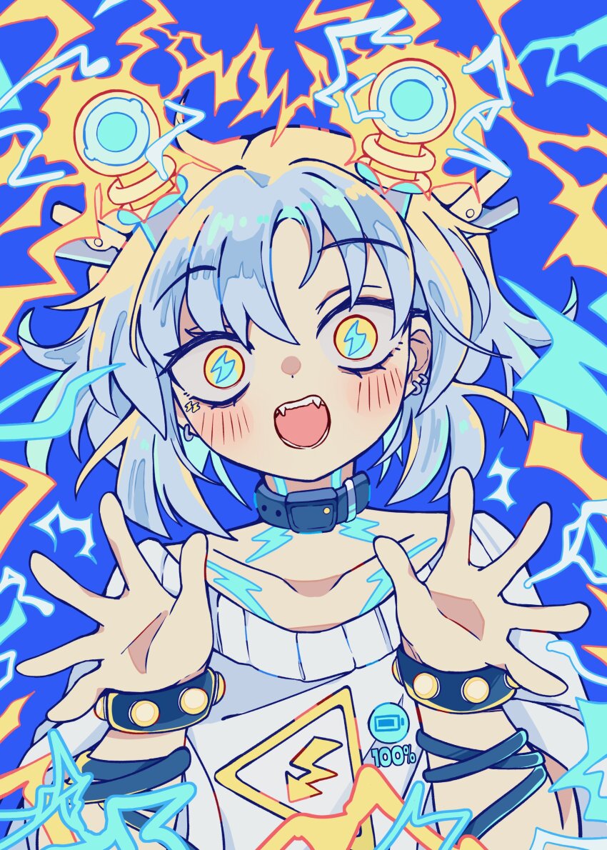 1girl absurdres aqua_eyes aqua_pupils battery_indicator black_choker blue_background blush bob_cut body_markings bracelet choker collarbone commentary earrings electricity electrodes electrokinesis english_commentary eyelashes fangs hair_between_eyes hands_up head_tilt highres jewelry lightning_bolt_facial_mark lightning_bolt_symbol melonbread multiple_bracelets multiple_earrings open_mouth original shock_collar short_hair short_hair_with_long_locks short_sleeves sign solo spread_fingers studded_bracelet sweater symbol-shaped_pupils teeth upper_body warning_sign white_hair white_sweater wide-eyed yellow_eyes