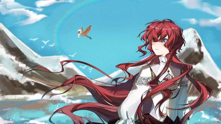 1girl bird blue_eyes blue_sky brown_bird closed_mouth cloud day floating_hair hair_over_one_eye highres ichigo_(cute_berry460) long_hair looking_up mountain one_eye_covered outdoors red_hair reverse:1999 shirt simple_bird sky smile snow solo turning_head upper_body very_long_hair water white_shirt yenisei_(reverse:1999)