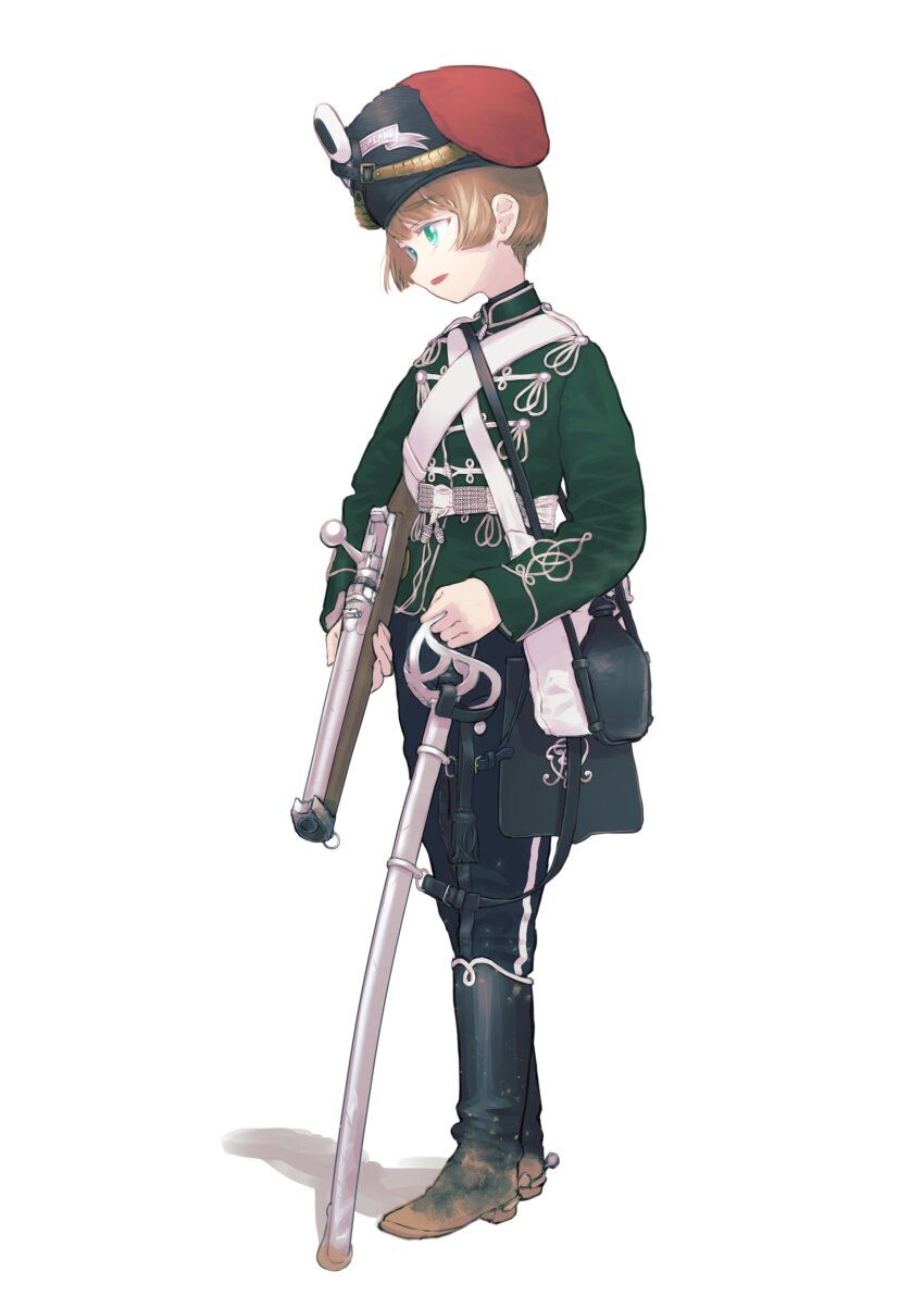 1girl absurdres antique_firearm bag basket_hilt bearskin_cap belt black_boots black_hat blonde_hair boots buttons canteen cavalry_sword dreyse_m1841 firearm full_body german_commentary green_eyes green_jacket gun hat highres holding holding_gun holding_weapon hussar jacket karasumi_(sumizono) long_sleeves military military_hat military_jacket military_uniform open_mouth original pants prussia saber_(weapon) shadow sheath short_hair shoulder_bag shoulder_boards sidelocks simple_background soldier solo spurs standing sword weapon white_background white_belt white_trim