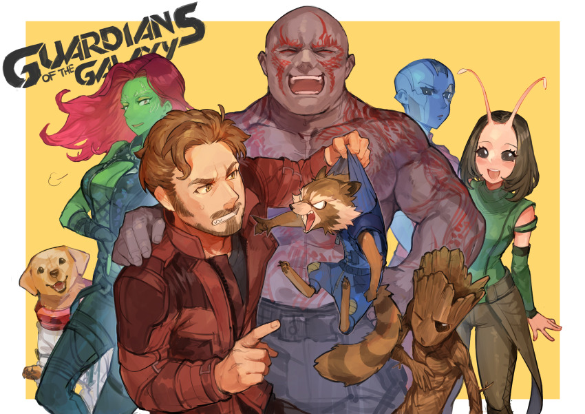 2023 3girls 4boys absurdres angry antennae artist_request blonde_hair blue_skin breasts brown_hair closed_mouth colored_skin cosmo_the_spacedog dog drax_the_destroyer english_text frown gamora groot group_picture guardians_of_the_galaxy highres laughing logo long_hair looking_at_another looking_up mantis_(marvel) marvel marvel_cinematic_universe mullet multiple_boys multiple_girls muscular nebula_(gotg) open_mouth peter_quill pout raccoon rocket_raccoon scribble sharp_teeth signature small_breasts smile spacesuit teeth tongue tongue_out