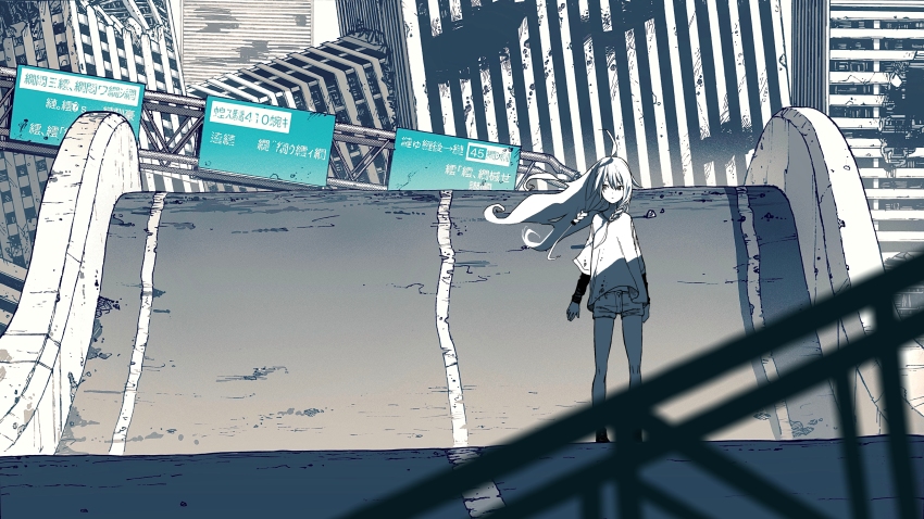 1girl absurdres arms_at_sides arrow_(symbol) braid bridge building closed_mouth commentary elevated_highway english_commentary highres highway ia_(vocaloid) long_hair looking_to_the_side mojibake_text monochrome omao outdoors road road_sign ruins screentones shirt short_shorts shorts sign solo spot_color standing street vocaloid wide_shot wind