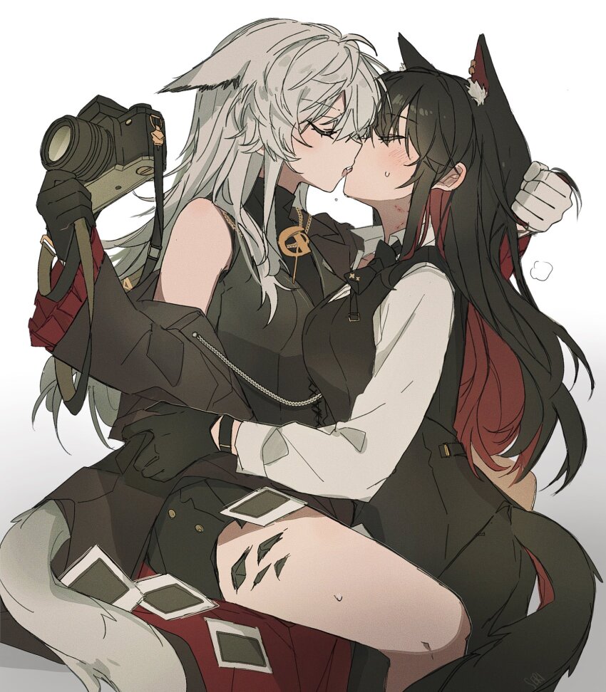 2girls ambience_synesthesia animal_ears arknights bite_mark bite_mark_on_neck black_bow black_bowtie black_coat black_gloves black_pants black_shorts black_vest blush bow bowtie breasts camera closed_eyes coat coat_partially_removed collared_shirt commentary couple facing_another floppy_ears from_side gloves grey_hair highres holding holding_camera kiss lappland_(arknights) long_hair material_growth medium_breasts messy_hair multiple_girls oripathy_lesion_(arknights) pants seri_(vyrlw) shirt shorts simple_background sitting standing sweat symbol-only_commentary tail texas unworn_bowtie vest white_background white_shirt wolf_ears wolf_girl wolf_tail yuri