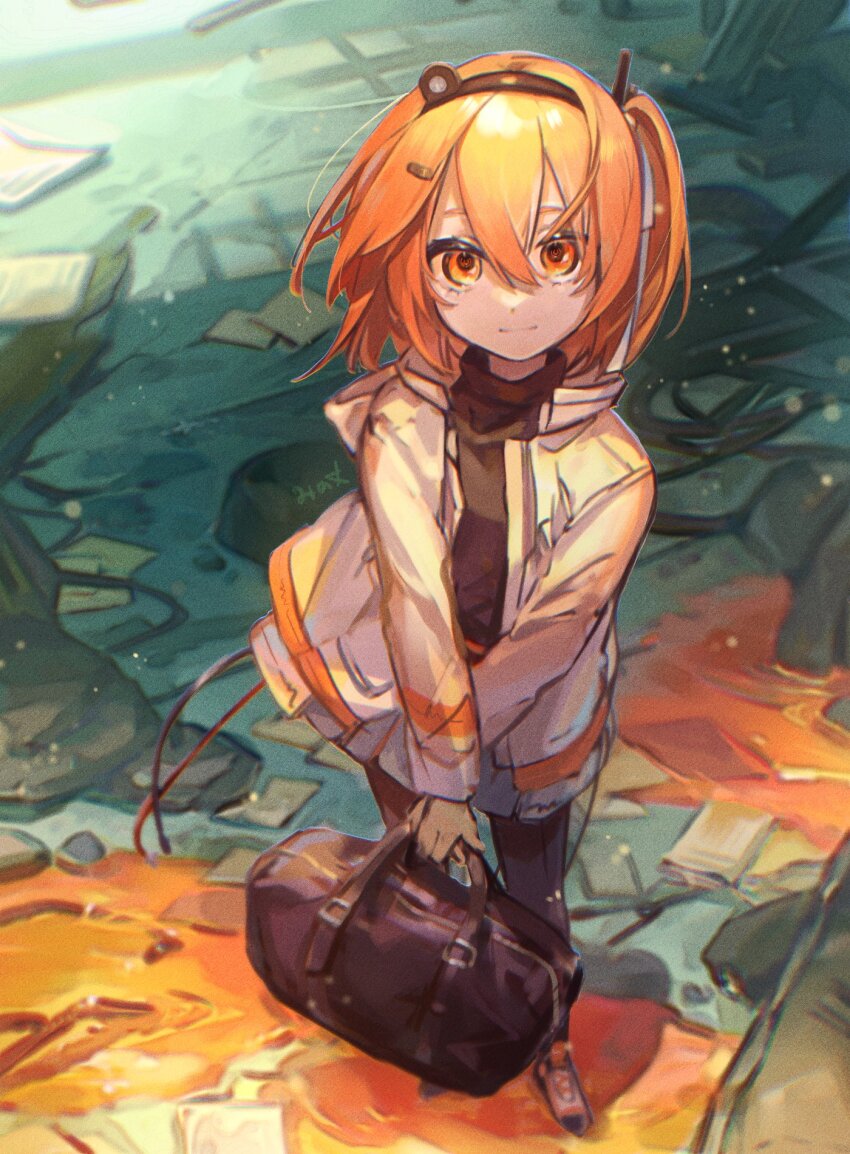 1girl a.i._voice adachi_rei artist_name bag black_leggings black_shirt blurry blurry_background cable closed_mouth commentary duffel_bag film_grain floating_hair from_above gloves grey_gloves grey_skirt hair_ribbon headlamp highres holding holding_bag hood hood_down hooded_jacket jacket leggings light_particles light_smile liquid long_sleeves looking_at_viewer looking_up medium_hair mi_no_take one_side_up open_clothes open_jacket orange_eyes orange_hair radio_antenna ribbon rubble shirt shoes skirt sneakers solo turtleneck utau v_arms white_jacket white_ribbon
