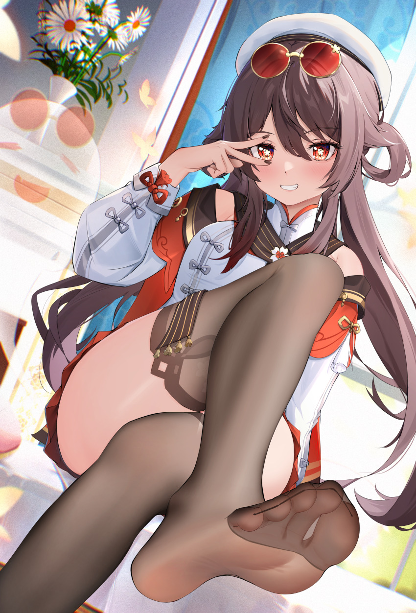 1girl absurdres beret black_thighhighs brown_hair crossed_legs eyewear_on_head feet genshin_impact ghost grin hair_between_eyes hat highres hu_tao_(genshin_impact) indoors long_hair no_shoes over-kneehighs paid_reward_available pleated_skirt radoremo red_eyes red_skirt see-through_clothes see-through_thighhighs shirt sitting skirt smile soles solo sunglasses thighhighs thighs toes v vase white_hat white_shirt