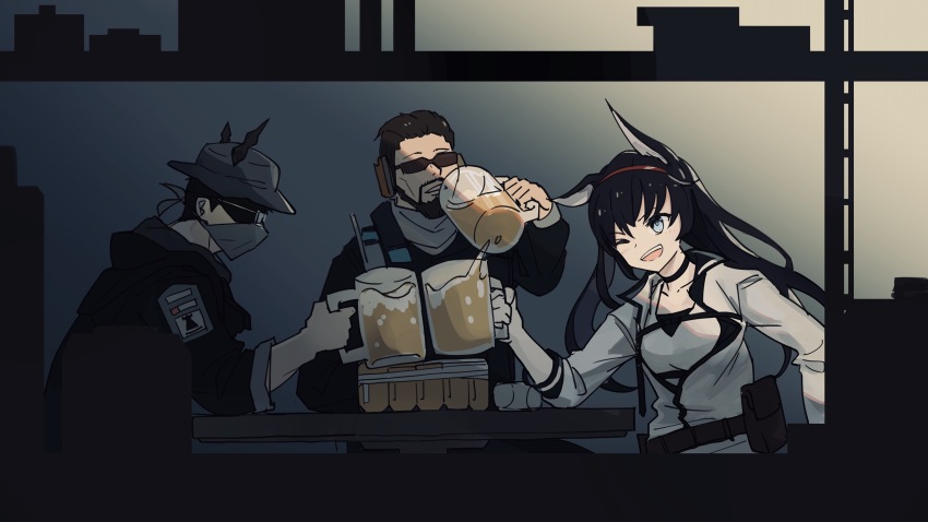 1girl 2boys ;d ace_(arknights) alcohol aling539 animal_ears arknights bandana beard beer beer_mug black_choker black_hair black_horns black_jacket blaze_(arknights) blue_eyes brown_hair chinese_commentary choker collarbone commentary_request covered_mouth cup drink facial_hair glasses grey_hat hairband hat highres holding holding_cup holding_drink horns indoors jacket long_hair long_sleeves mug multiple_boys mustache one_eye_closed open_mouth profile red_hairband rimless_eyewear scout_(arknights) short_hair sitting sleeves_pushed_up smile sunglasses table white_jacket