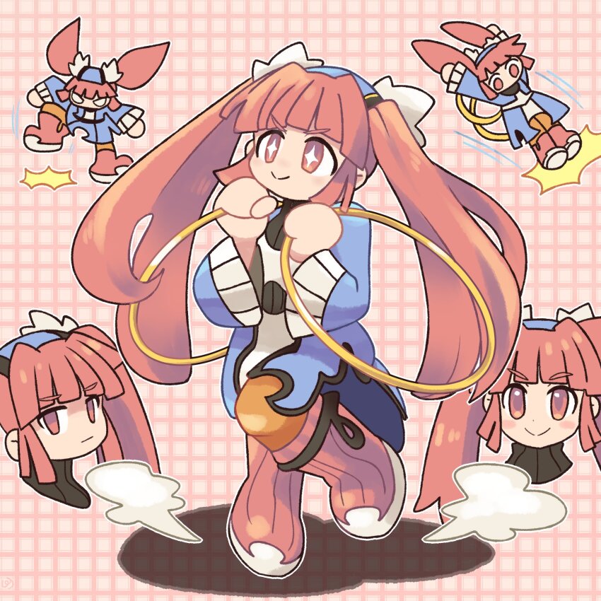 +_+ 1girl blunt_bangs blush_stickers chakram dewprism dual_wielding expressionless flying_kick full_body highres holding holding_weapon kicking leg_up light_blush long_hair mint_(dewprism) multiple_views pink_background pink_eyes pink_hair pmx sidelocks smile solo_focus stomping twintails v-shaped_eyebrows weapon