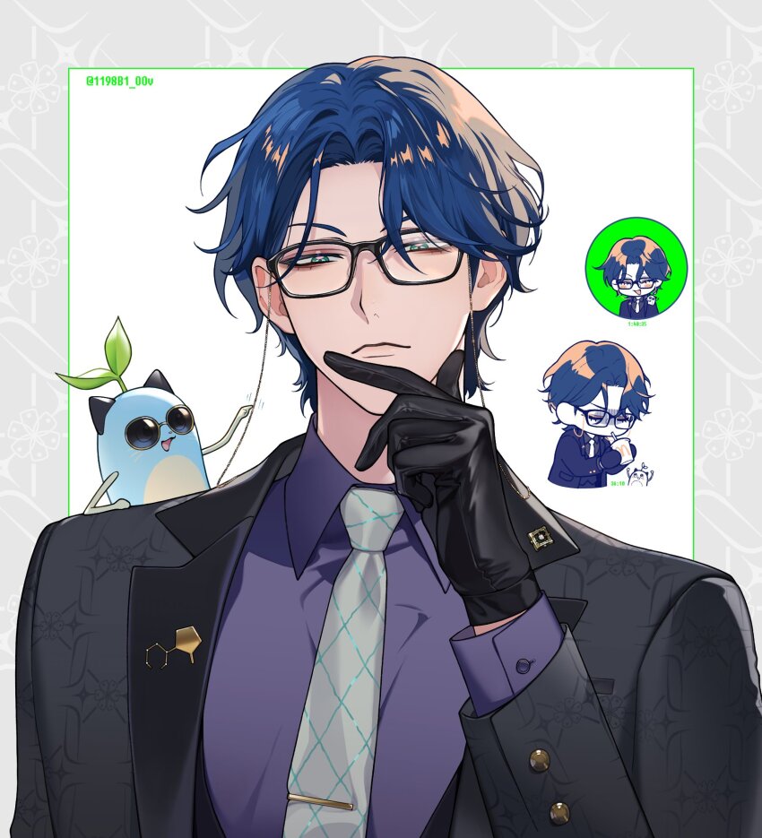 1198b1_oov 1boy animal animal_on_shoulder aqua_eyes black_gloves black_jacket black_vest blue_hair blue_shirt chibi chibi_inset collared_shirt cup disposable_cup drinking_straw eyewear_strap gloves grey_necktie hand_up hashtag-only_commentary highres holding holding_cup jacket lapel_pin leos_vincent leos_vincent_(3rd_costume) male_focus mameneko_(leos_vincent) necktie nijisanji open_clothes open_jacket shirt short_hair sunglasses twitter_username upper_body vest virtual_youtuber