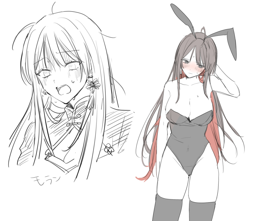 absurdres animal_ears black_hair blush breasts cameltoe commentary_request earrings goddess_of_victory:_nikke highres jewelry kumo_tabetai leotard long_hair moran_(nikke) playboy_bunny rabbit_ears simple_background sketch surprised white_background