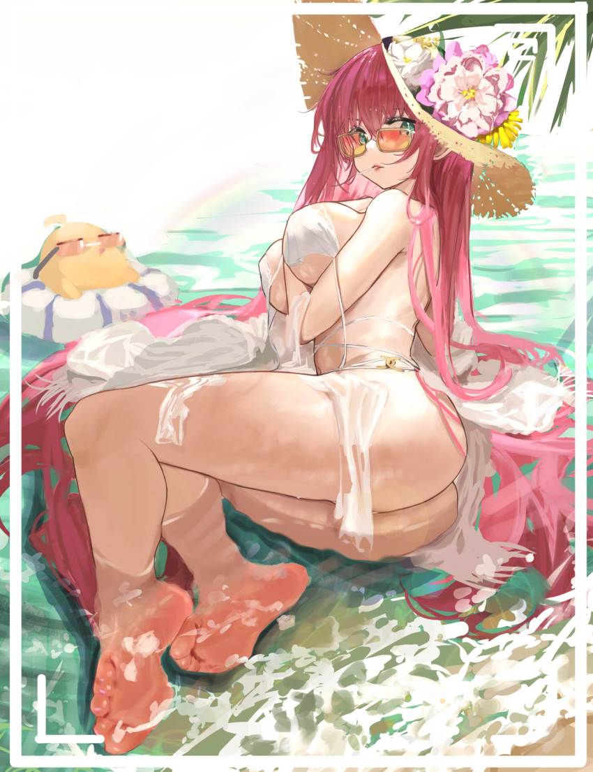 1girl ass azur_lane bikini breasts feet green_eyes hair_between_eyes hat highres innertube long_hair nineye official_alternate_costume orange-tinted_eyewear pink_hair soles solo string_bikini sunglasses surcouf_(azur_lane) surcouf_(loisirs_balneaires)_(azur_lane) swim_ring swimsuit tinted_eyewear toes very_long_hair water white_bikini