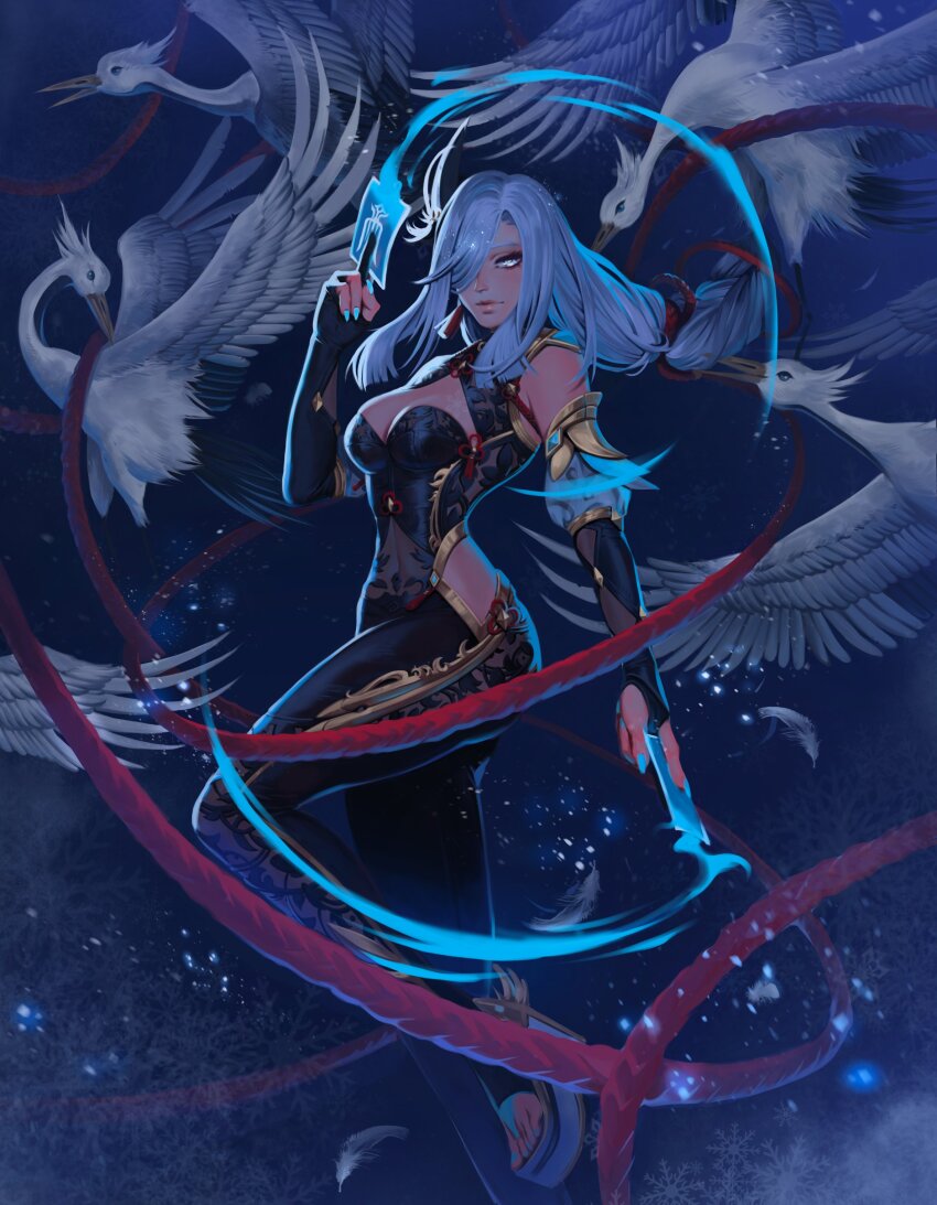 1girl absurdres adapted_costume animal bird black_bodysuit blue_nails bodysuit braid breasts chinese_clothes chinese_knot cleavage cleavage_cutout closed_mouth clothing_cutout covered_navel crane_(animal) dark_background detached_sleeves earrings foot_out_of_frame from_side genshin_impact gloves gold_trim grey_hair hair_over_one_eye hand_up highres hip_vent jewelry knee_up kuji-in lips long_hair looking_at_viewer low-braided_long_hair low-tied_long_hair lunart medium_breasts nail_polish outstretched_arm partially_fingerless_gloves red_rope rope shenhe_(genshin_impact) sidelocks sleeveless sleeveless_bodysuit solo tassel tassel_earrings