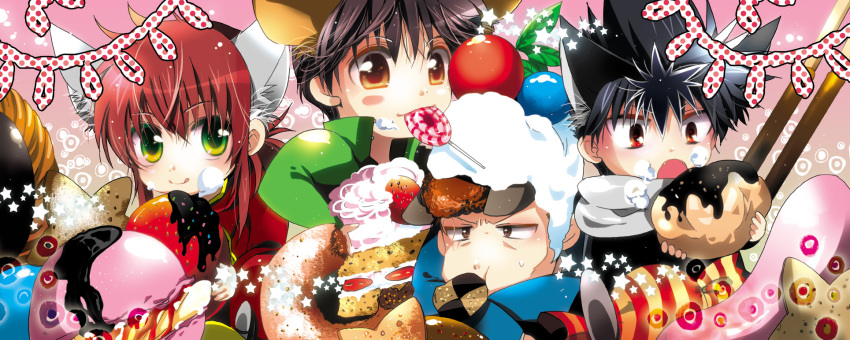 4boys animal_ears black_hair brown_eyes chibi donut food fox_ears fruit green_eyes hiei highres kurama_(yu_yu_hakusho) kuwabara_kazuma long_hair male_focus marirero_a multiple_boys orange_hair red_hair school_uniform strawberry sweets urameshi_yuusuke yuu_yuu_hakusho