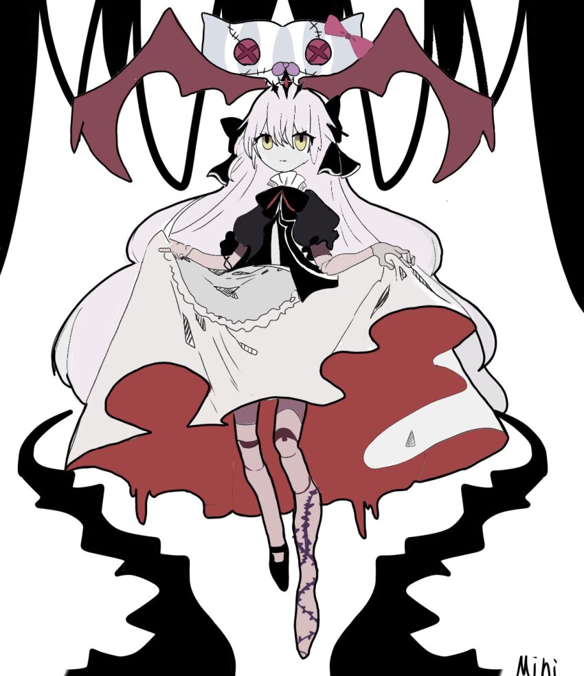 1girl alternate_costume bow charlotta_skopovskaya clothes_lift dress dress_lift grey_hair hair_bow heaven_burns_red highres long_hair mini_q solo stuffed_toy white_dress yellow_eyes