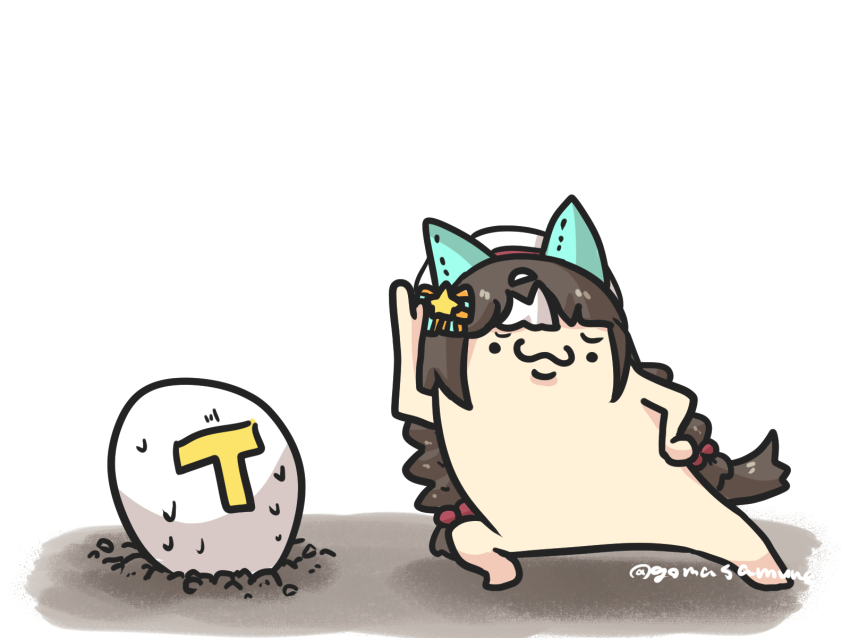 ._. 1other animal_ears arm_up beret bow braid brown_hair buried closed_mouth goma_(gomasamune) hair_bobbles hair_bow hair_ornament hat highres hokko_tarumae_(umamusume) horse_ears horse_tail long_hair low_twintails multicolored_hair simple_background standing star_(symbol) striped_bow sweat t-head_trainer_(umamusume) tail trainer_(umamusume) twin_braids twintails twitter_username two-tone_hair umamusume very_long_hair white_background white_hair white_hat