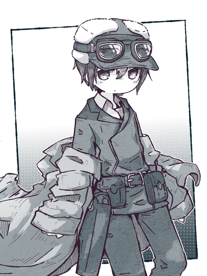 1girl absurdres androgynous belt belt_pouch black_hair black_jacket brough_superior brown_coat coat fur_hat goggles goggles_on_headwear gun hair_between_eyes handgun hat highres jacket kino_(kino_no_tabi) kino_no_tabi leather_belt megateru pouch reverse_trap revolver shirt short_hair tomboy weapon white_shirt