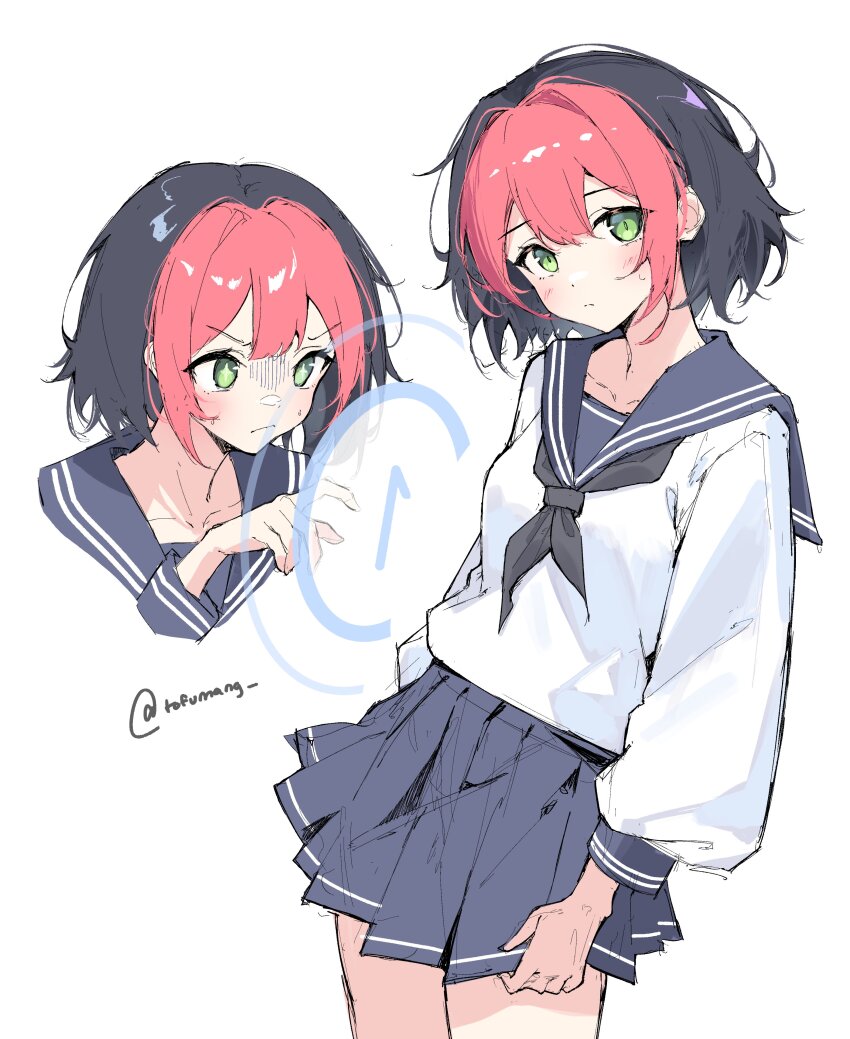 +_+ 1girl absurdres black_hair black_neckerchief blue_sailor_collar blue_skirt blush breasts circle closed_mouth collarbone commentary cowboy_shot cropped_shoulders frown green_eyes hashtag-only_commentary highres long_sleeves looking_at_viewer multicolored_hair multiple_views neckerchief osu! pink_hair pippi_(osu!) pleated_skirt sailor_collar sailor_shirt school_uniform shirt short_hair simple_background sketch skirt small_breasts tofumang twitter_username two-tone_hair white_background white_shirt