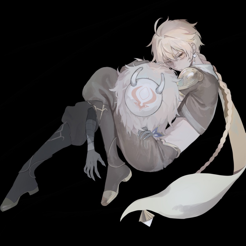 1boy 1other aether_(genshin_impact) black_background black_footwear blonde_hair boots brown_pants brown_shirt crop_top earrings full_body genshin_impact highres hilichurl_(genshin_impact) jewelry kaimochi0839 long_braid looking_at_viewer male_focus midriff_peek pants shirt short_sleeves yellow_eyes