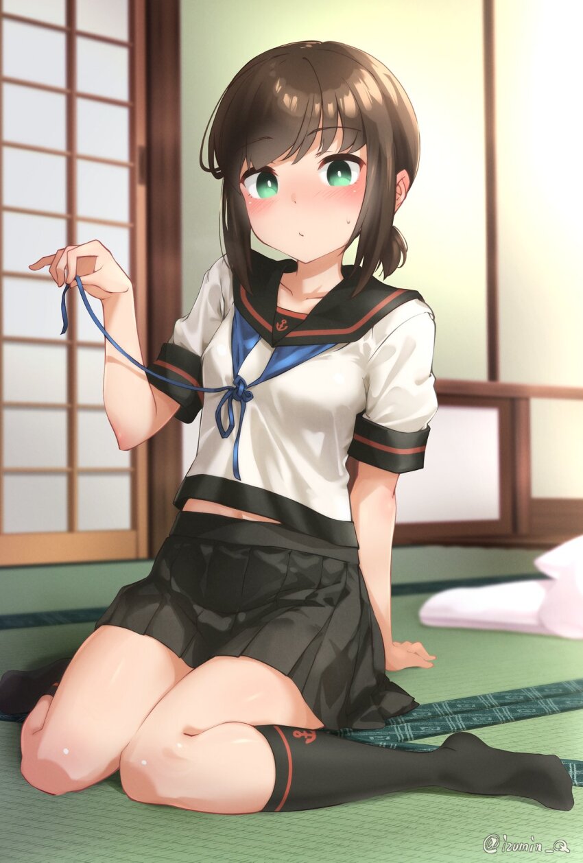 1girl anchor_symbol black_sailor_collar black_skirt blue_neckerchief blurry blurry_background blush breasts brown_hair commentary_request fubuki_(kancolle) fubuki_kai_ni_(kancolle) futon highres indoors izumikuma kantai_collection kneehighs looking_at_viewer low_ponytail neckerchief on_floor pleated_skirt ponytail sailor_collar school_uniform serafuku short_ponytail short_sleeves sidelocks sitting skirt small_breasts socks solo sweat tatami twitter_username