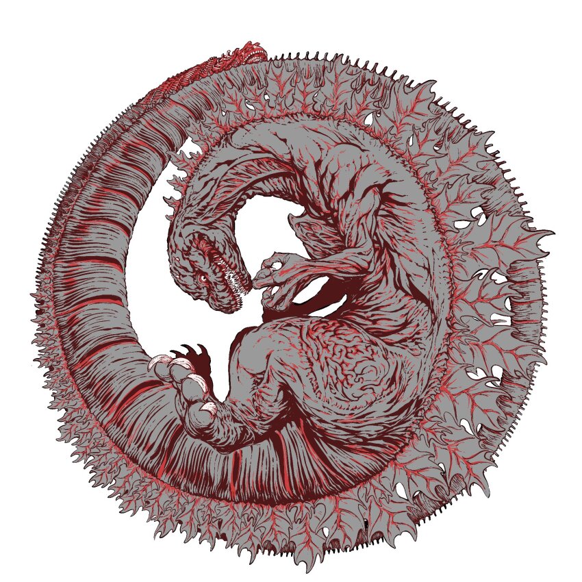 black_eyes claws commentary dan_dagouglas english_commentary full_body godzilla godzilla_(series) godzilla_(shin) highres kaiju limited_palette looking_at_viewer monster no_humans open_mouth sharp_teeth shin_godzilla simple_background solo spines tail_mouth teeth toho white_background