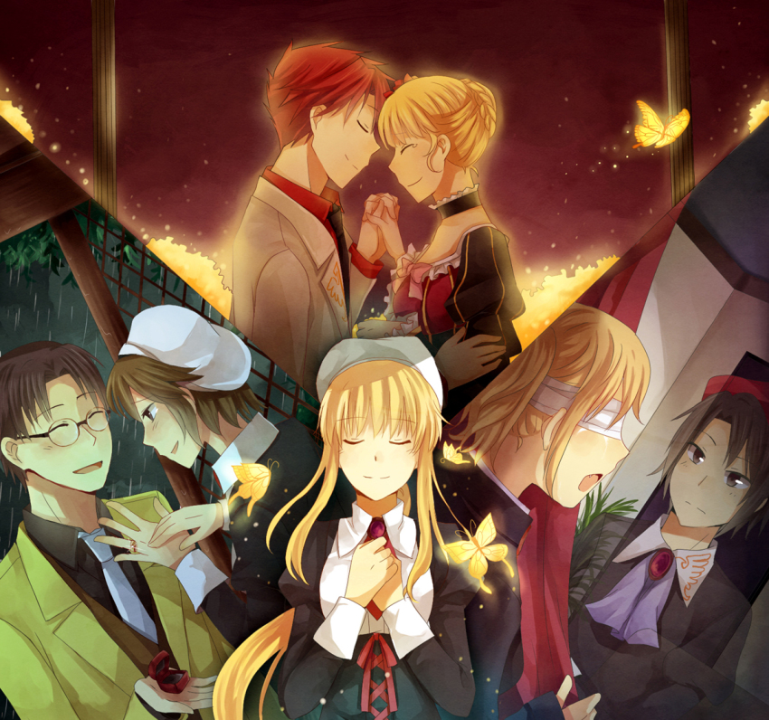 3boys 3girls beatrice_(umineko) black_hair blindfold blonde_hair brown_eyes brown_hair bug butterfly closed_eyes fuchsia91 glasses hat holding_hands insect jewelry juliet_sleeves kanon_(umineko) long_sleeves multiple_boys multiple_girls necktie no_naku_koro_ni_(series) open_mouth ponytail puffy_sleeves red_hair ring ryukishi07 shannon_(umineko) smile spoilers tears umineko_no_naku_koro_ni ushiromiya_battler ushiromiya_george ushiromiya_jessica yasu_(umineko)