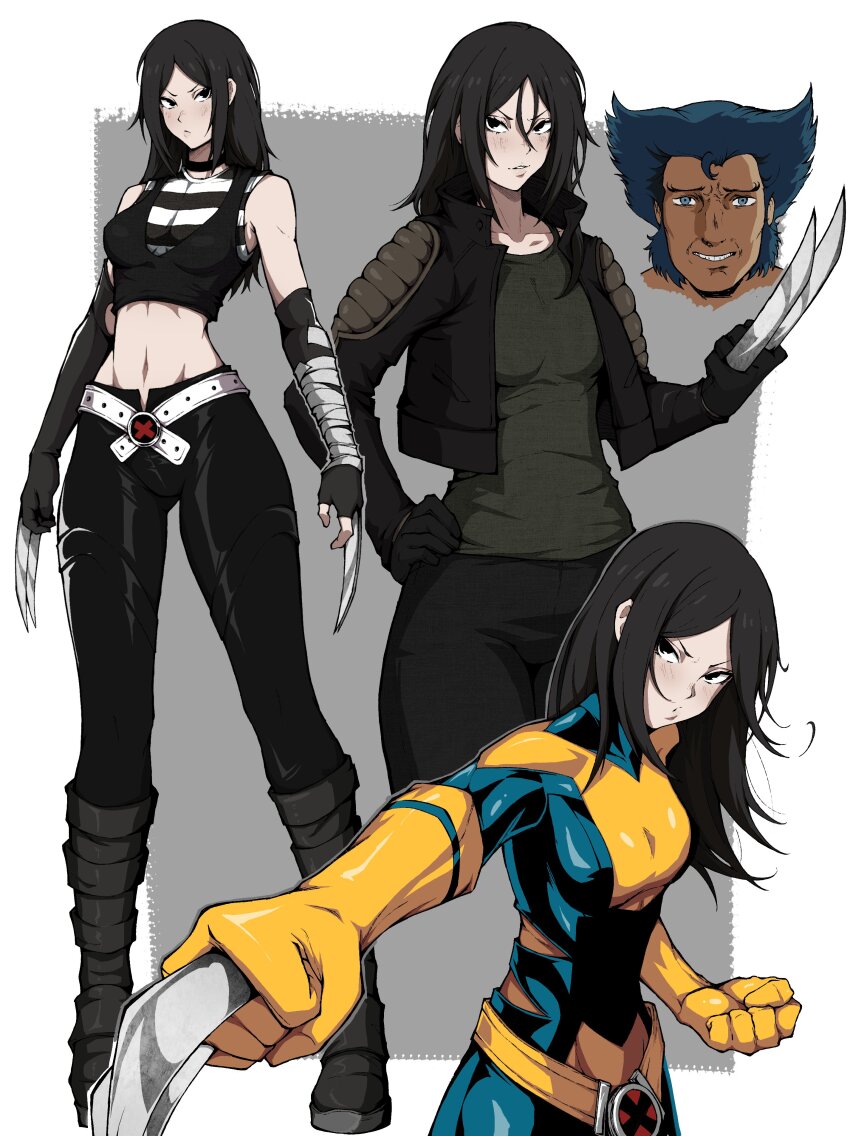 1boy 1girl absurdres animification blush bodysuit chain_belt claw_(weapon) claws highres kekel laura_kinney leather leather_pants long_hair marvel navel pants short_hair smile superhero_costume weapon wolverine_(x-men) x-23 x-men x-men_evolution yellow_bodysuit