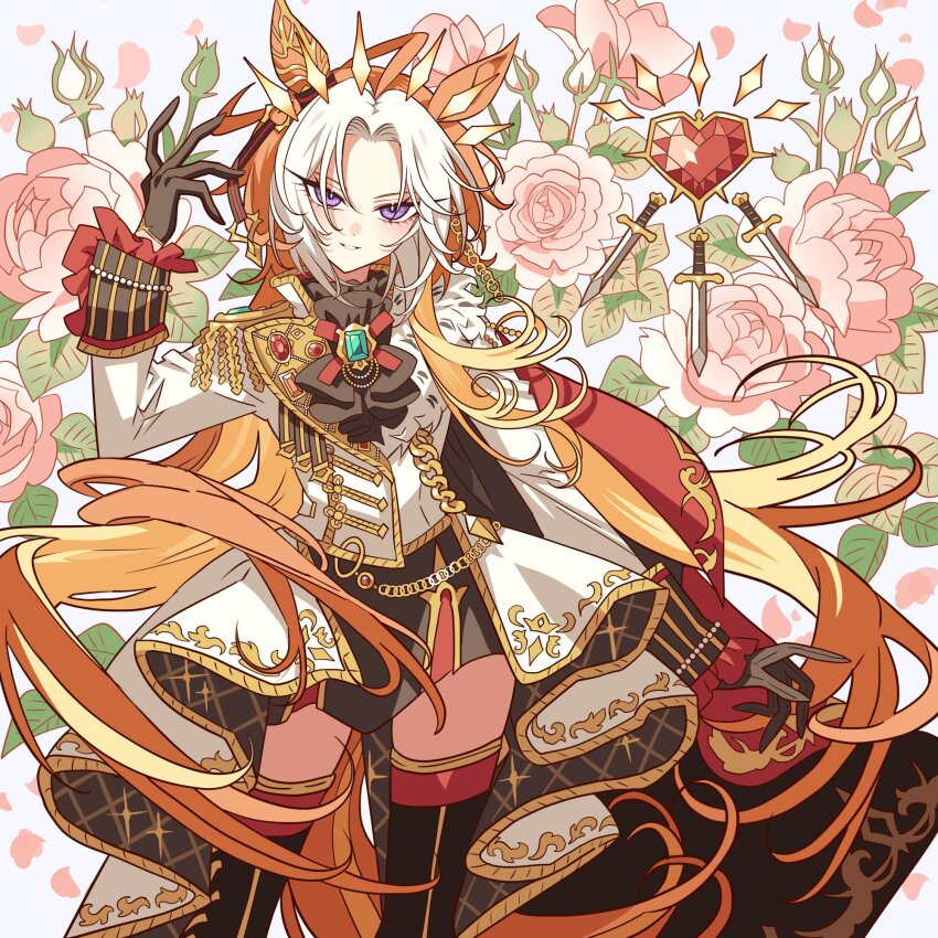 1girl ahoge animal_ears ascot bath_yukata black_ascot black_gloves coat ear_covers floating_hair flower flower_request gem gloves hand_up heart highres horse_ears horse_girl huge_ahoge japanese_clothes kimono layered_ascot long_hair long_sleeves looking_at_viewer meremero multicolored_hair orfevre_(umamusume) parted_lips pink_flower purple_eyes smile solo sword umamusume very_long_hair weapon white_coat white_hair wrist_cuffs yukata