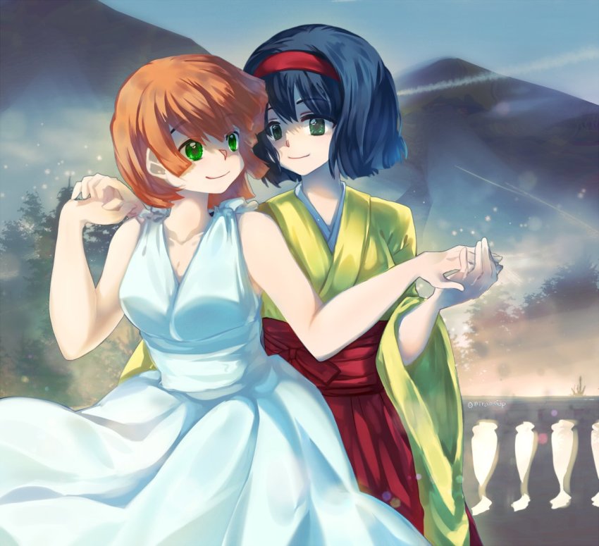 2girls blue_hair blush breasts dancing dress erika_(pokemon) friends gym_leader hairband happy headband japanese_clothes medium_breasts misty_(pokemon) mountain multiple_girls nintendo orange_hair pokemon pokemon_adventures pokemon_frlg pokemon_gsc robe short_hair smile tachiuo_(arines) white_dress yuri