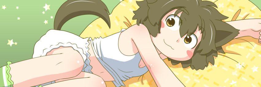 1girl :3 animal_ears bloomers blush breasts brown_eyes brown_hair child clothes_lift dog_ears dog_girl dog_tail green_background green_socks hosokawa_fujiemon looking_at_viewer lying navel original pillow print_pillow shirt shirt_lift short_hair small_breasts smile socks star_(symbol) star_symbol_background striped_clothes striped_socks tail tank_top underwear white_bloomers white_shirt