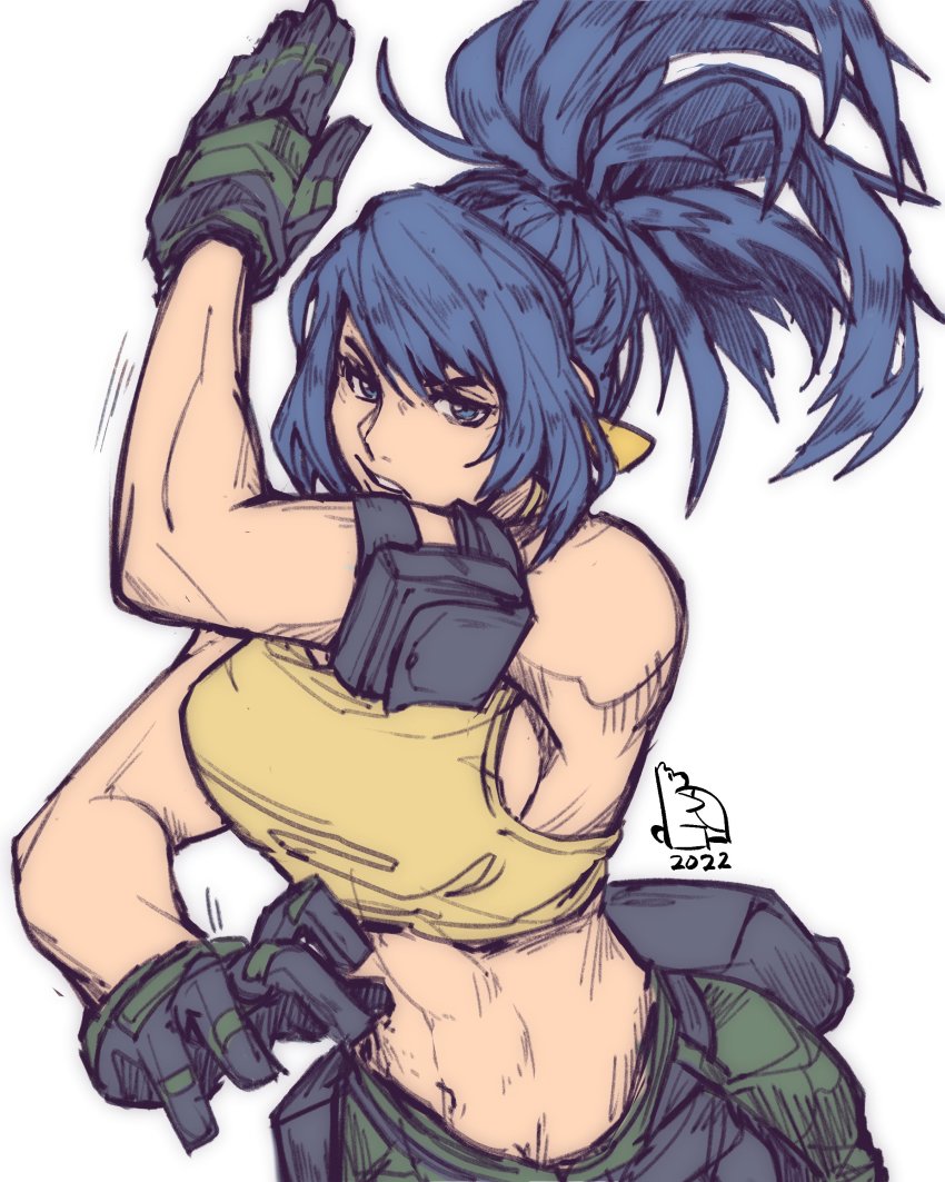 1girl absurdres bare_shoulders blue_eyes blue_hair breasts clenched_hand earrings gloves green_pants highres jewelry leona_heidern midriff pants piccolourme pocket ponytail sleeveless solo tank_top the_king_of_fighters the_king_of_fighters_xiv the_king_of_fighters_xv toned triangle_earrings yellow_tank_top
