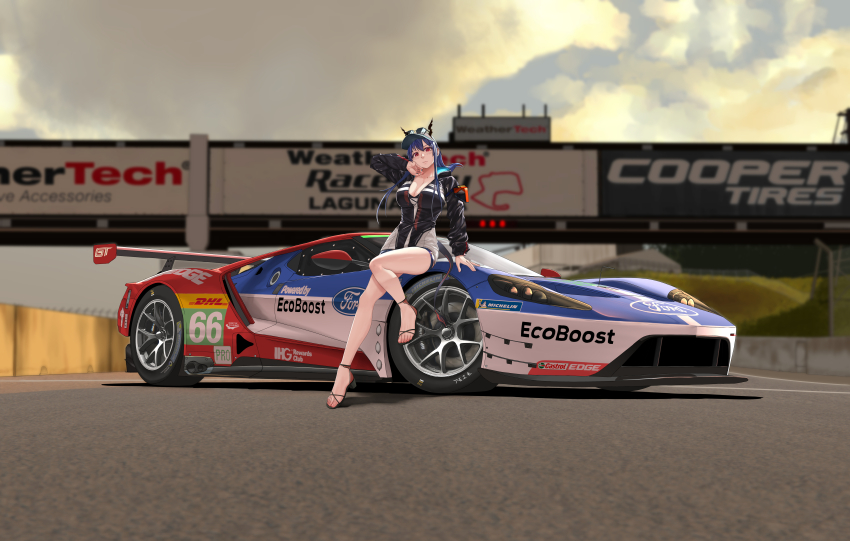 1girl absurdres alternate_breast_size amoemo arknights bare_legs baseball_cap black_jacket blue_hair blue_sky blurry blurry_background breasts car ch&#039;en_(arknights) ch&#039;en_the_holungday_(arknights) cleavage cloud cloudy_sky commentary depth_of_field dragon_girl dragon_horns dragon_tail english_commentary evening eyewear_on_headwear ford ford_gt full_body hat highres horns horns_through_headwear jacket jersey_barrier laguna_seca_raceway large_breasts leaning_against_vehicle long_hair long_sleeves looking_at_viewer motor_vehicle official_alternate_costume outdoors race_vehicle racecar real_world_location red_eyes road sandals shadow sidelocks skin-covered_horns sky solo sponsor standing strappy_heels sunglasses tail thighs vehicle_focus white_hat