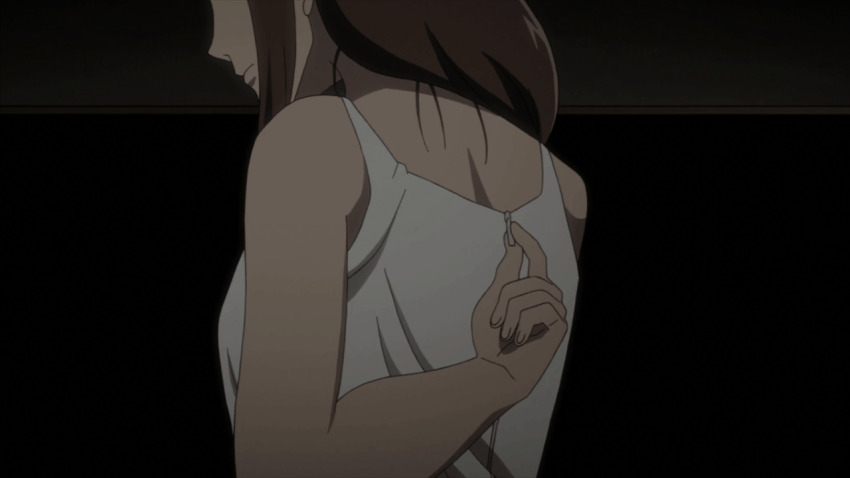 1girl animated animated_gif anime_screenshot bouncing_breasts breasts brown_hair dress medium_breasts mirai_nikki nipples no_bra seductive_smile smile strap_pull undressing unzipped unzipping wakaba_moe white_dress