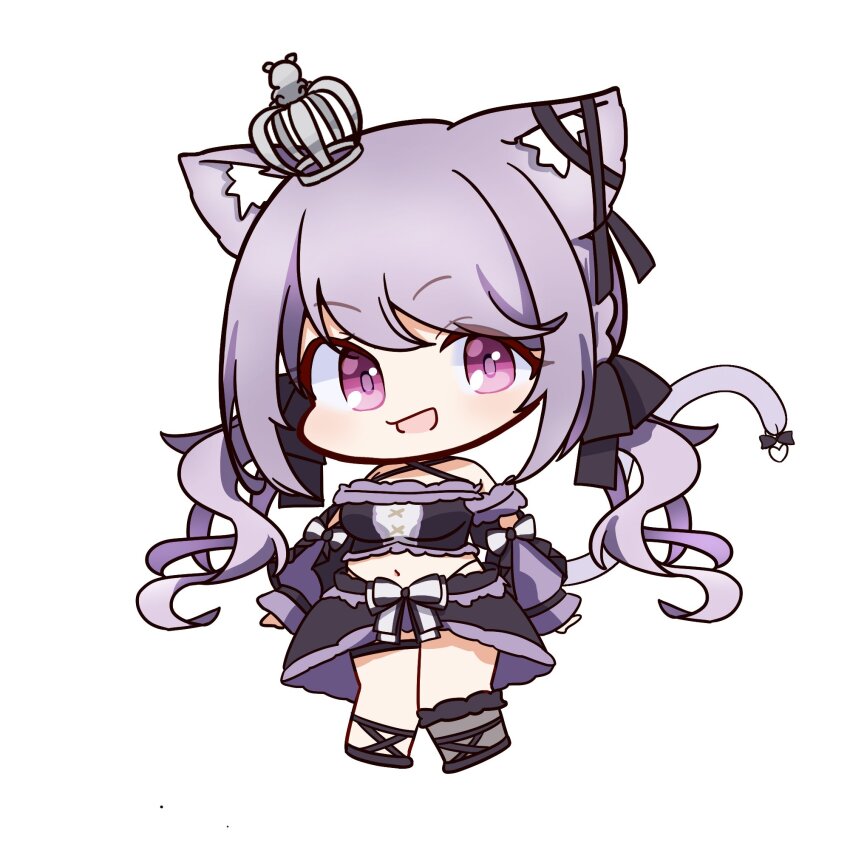 1girl animal_ears black_bow black_ribbon black_shoes black_skirt black_sleeves black_socks black_tube_top blush bow bow_skirt breasts cat_ears cat_girl chibi commentary criss-cross_halter crown detached_sleeves ear_ribbon frilled_tube_top frills full_body hair_bow halterneck highres ina_uruu long_hair looking_at_viewer mariooo medium_breasts midriff mini_crown nanashi_inc. navel open_mouth pink_eyes purple_hair ribbon shoes simple_background single_sock skirt smile socks solo strapless tube_top two-tone_bow virtual_youtuber white_background white_bow