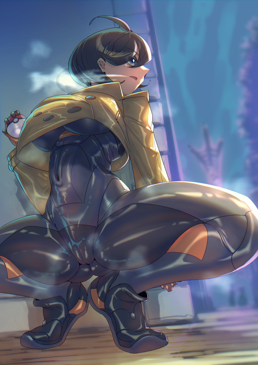 1girl ahoge black_hair bodysuit bodysuit_under_clothes breasts cameltoe covered_navel cropped_jacket dark-skinned_female dark_skin dutch_angle emma_(pokemon) grey_eyes highres holding holding_poke_ball jacket large_breasts looking_to_the_side medium_hair nintendo open_mouth outdoors poke_ball poke_ball_(basic) pokemon pokemon_legends:_z-a purple_eyes shoes solo squatting steam thick_thighs thighs yatude96