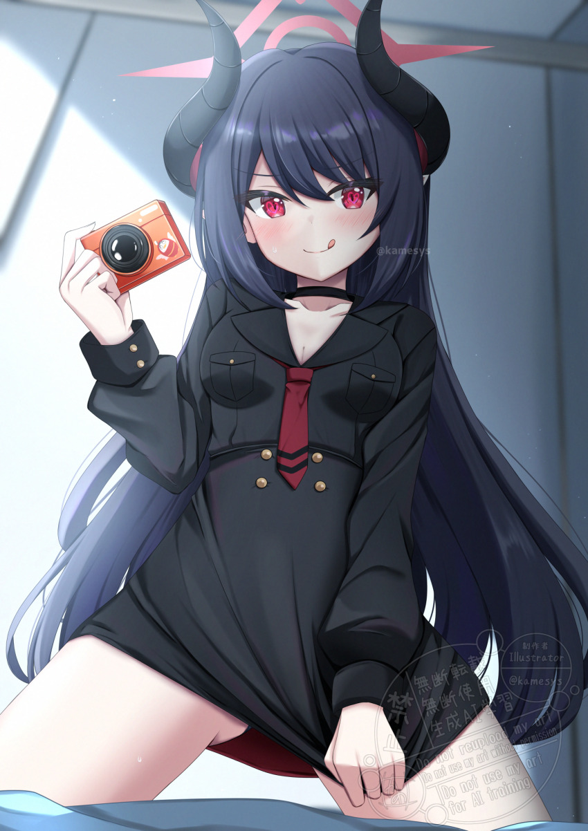 1girl :q bed_sheet black_choker black_hair black_shirt black_skirt blue_archive blurry blurry_background blush breasts buttons camera chiaki_(blue_archive) choker cleavage closed_mouth collarbone commentary_request cowboy_shot demon_girl demon_horns double-breasted eyes_visible_through_hair gluteal_fold hair_between_eyes halo hand_up high-waist_skirt highres holding holding_camera horns indoors kamesys kneeling long_hair long_sleeves medium_breasts naughty_face necktie paid_reward_available pointy_ears puffy_long_sleeves puffy_sleeves red_eyes red_halo red_necktie school_uniform shirt skirt skirt_tug slit_pupils smile solo straight-on straight_hair tongue tongue_out tsurime twitter_username v-shaped_eyebrows very_long_hair watermark