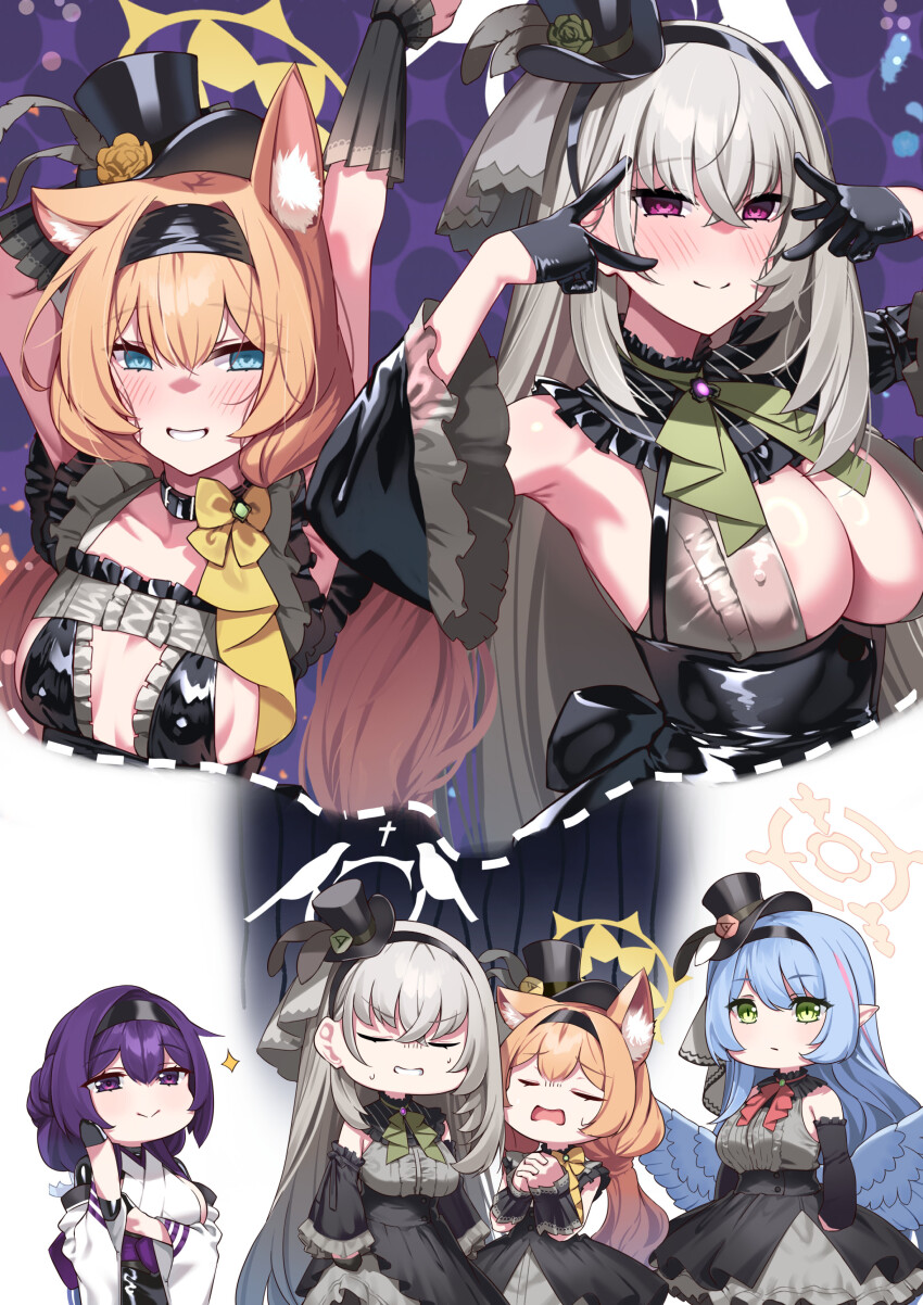 4girls absurdres animal_ear_fluff animal_ear_headwear animal_ears ascot black_dress black_gloves black_hat black_headband black_overskirt black_pantyhose blue_archive blue_eyes blue_hair blue_wings breasts cat_ears detached_sleeves double_inward_v dress fake_animal_ears feathered_wings flower flower_hat gloves green_ascot green_flower green_rose grey_hair hair_bun halo hat headband hie_(hiememiko) hiememiko highres idol idol_clothes imagining large_breasts long_hair low_twintails low_wings mari_(blue_archive) mari_(idol)_(blue_archive) medium_breasts mine_(blue_archive) mine_(idol)_(blue_archive) mini_hat mini_top_hat multiple_girls official_alternate_costume orange_hair original pantyhose purple_eyes purple_hair red_ascot rose sakurako_(blue_archive) sakurako_(idol)_(blue_archive) sleeveless sleeveless_dress top_hat twintails v v_over_eye white_halo wings yellow_halo